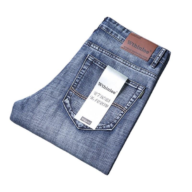 Wthinlee Men's Mid-High Waist Straight Leg Jeans - Spring & Autumn Business Casual Trendy Long Pants
