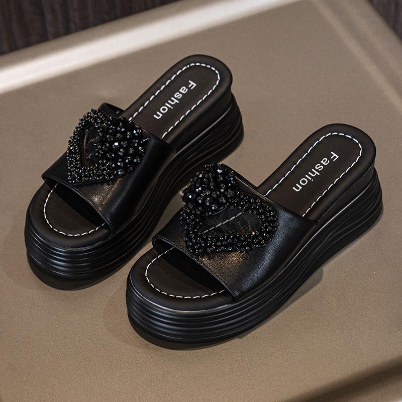 

Fujin/7 см на плоской подошве из натуральной кожи, летние сандалии с открытым носком, туфли-лодочки на танкетке на платформе, модная женская обувь без шнуровки 39 чёрный