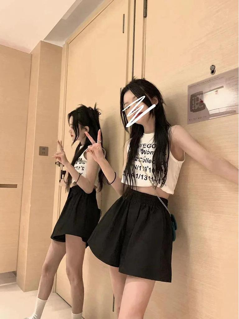 2023 New Women's High Waist Elastic Wide Leg Summer Shorts - Korean Style, Slim Fit, Solid Color, Casual & Versatile