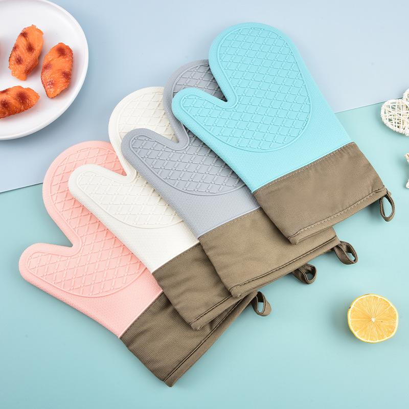 Silicone Heat-resistant Oven Gloves High-temperature Microwave-safe Anti-scald Gloves Cotton-lined Diamond-patterned Baking Oven Mitts