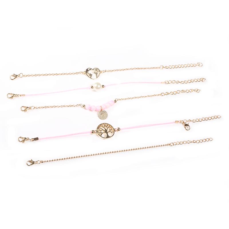 Tree Of Life Grey Pearl Love Map Bead Chain Hollow Flower Wind Bracelet Set