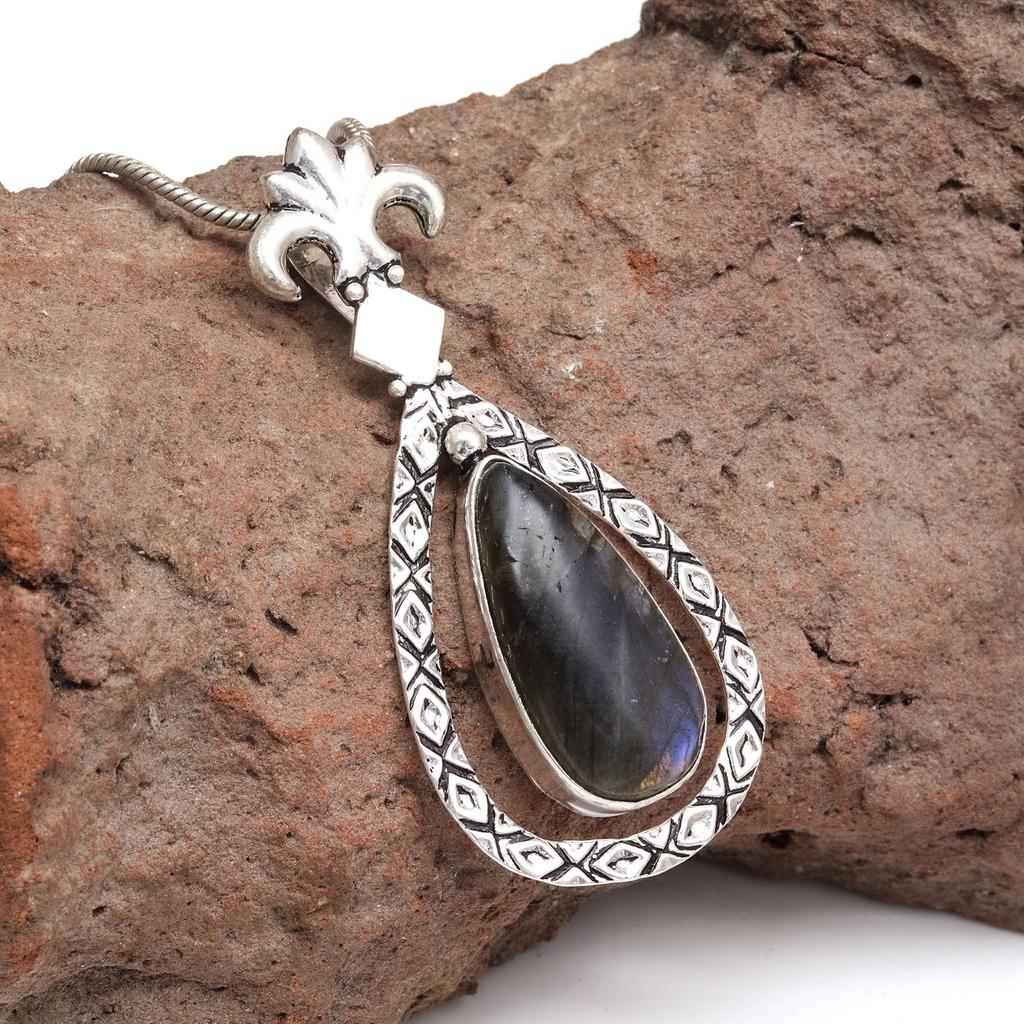 Pendant Silver  Peridot Labradorite Gemstone Jewelry Sterling 2.5" Fiery