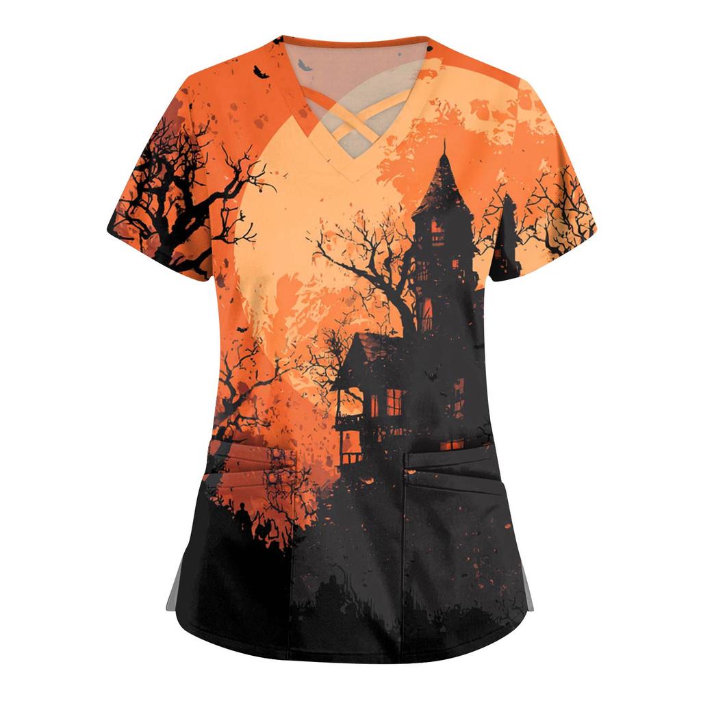 Women's Fashion  V-Neck Short Sleeve Overalls Double Pocket Halloween Printed Tops  Apparel