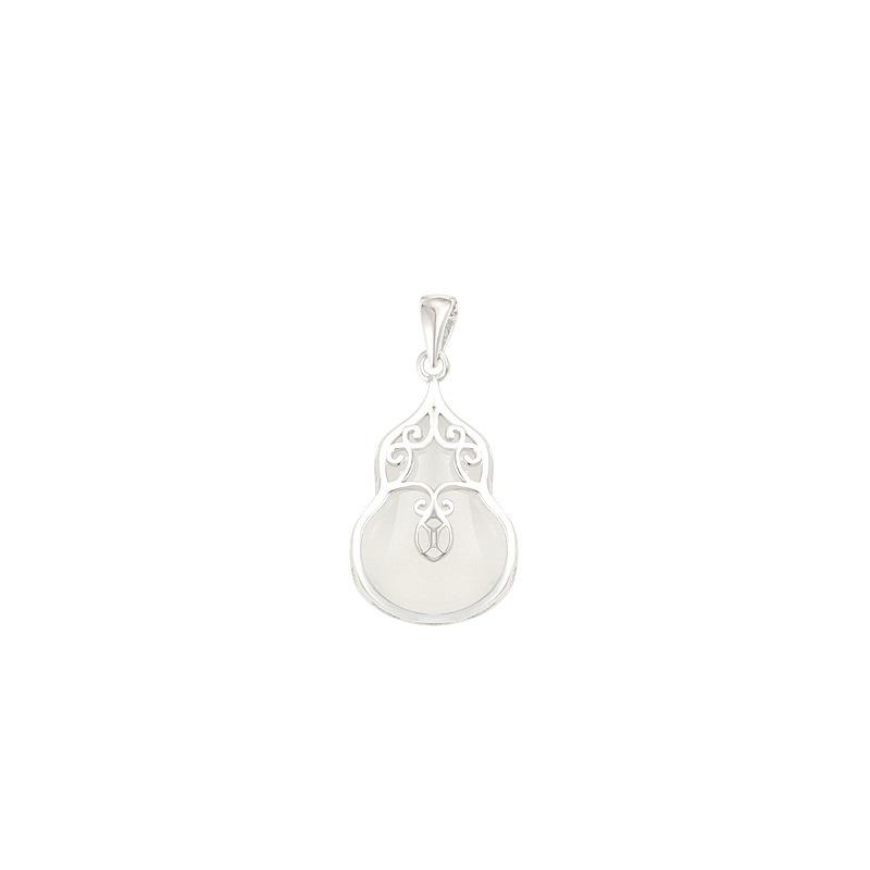 S925 Sterling Silver Gourd White Agate Ethnic Necklace with Copper Coin Peace Lock Pendant 925 Silver