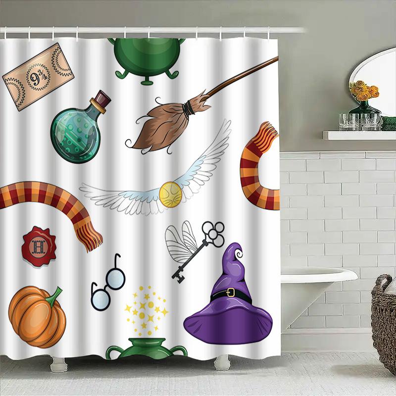 Harry Potter-themed Shower Curtain Featuring a Broomstick, Wand, Pumpkin Patch, and Magical Creatures Perfect for Halloween! (It