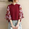 ZANZEA Damen Freizeit Stehkragen Print Patchwork 3/4 Ärmel Elegante Bluse