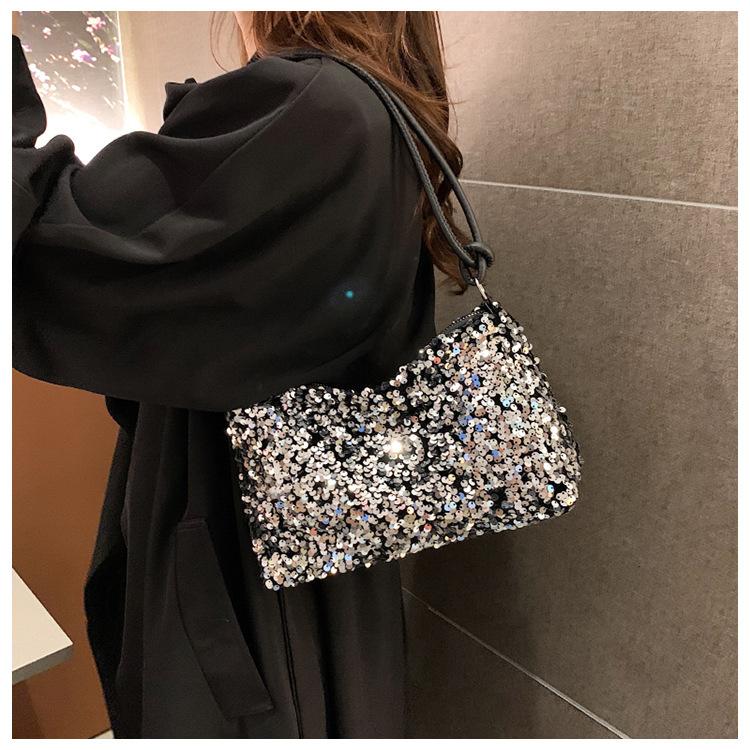 Summer New Texture Casual Foreign Sequined Shoulder Bag Personalized Ins Simple Messenger Large Capacity Baguette Bag Women's Bag