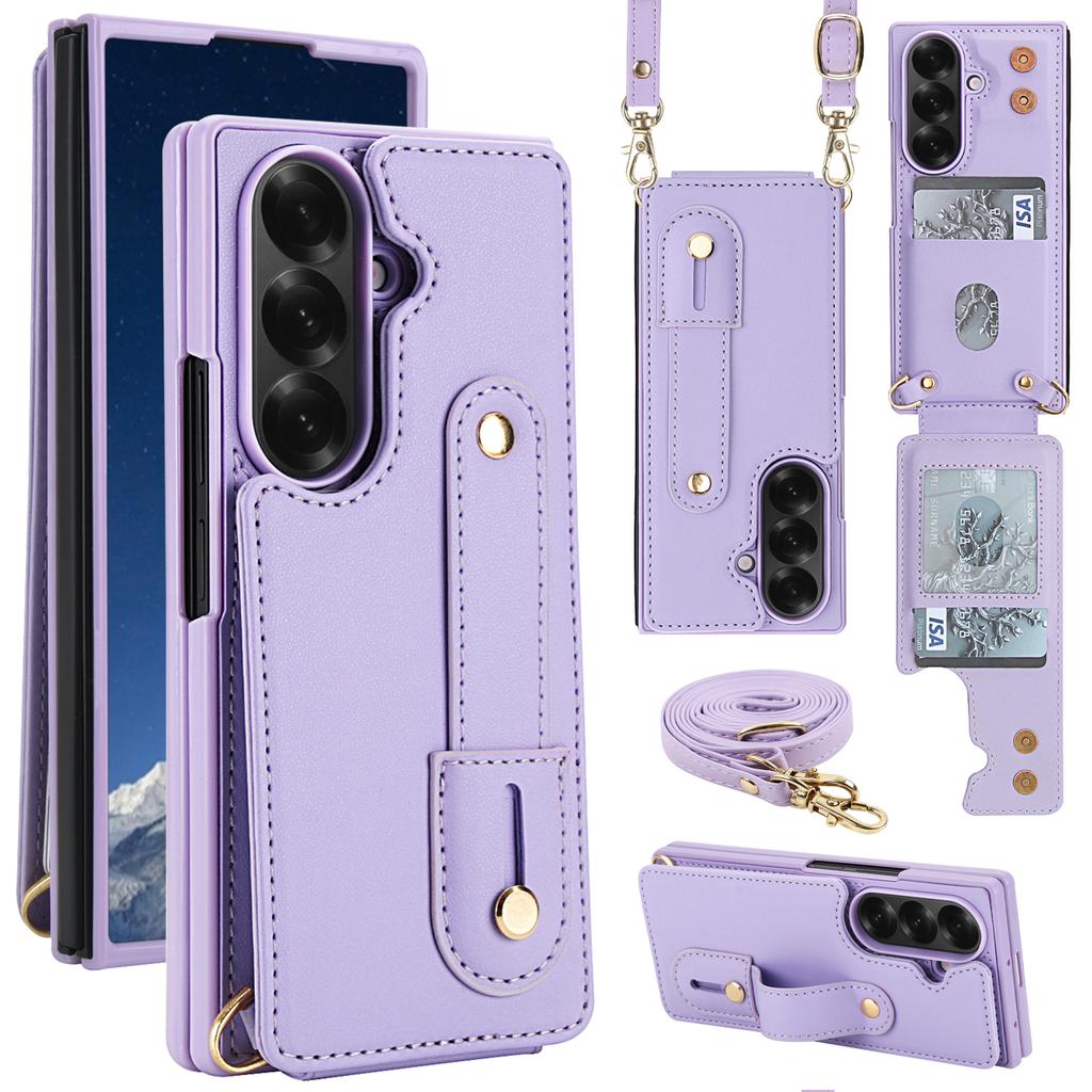 For Samsung Galaxy Z Fold7 5G Case Kickstand Card Slots Leather Coated TPU Cover with Shoulder Strap
