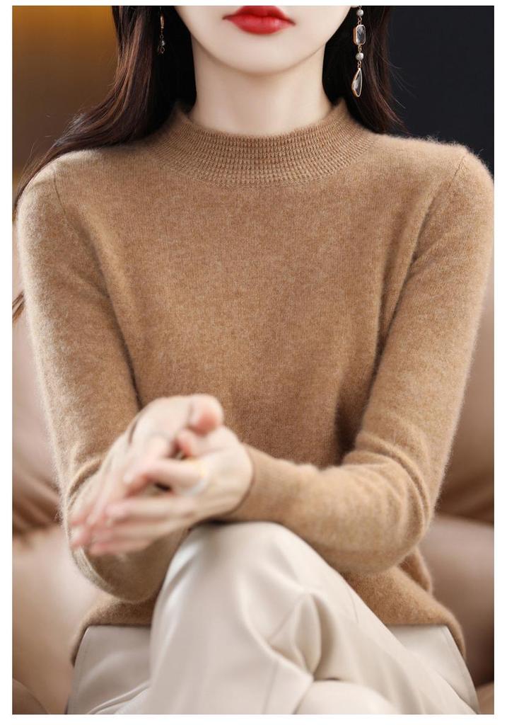 Women's Cashmere Sweater - Autumn/Winter, Solid Color, Loose Pullover, Half-High Collar, Korean Style, Long Sleeve Knit Wool Base Layer.