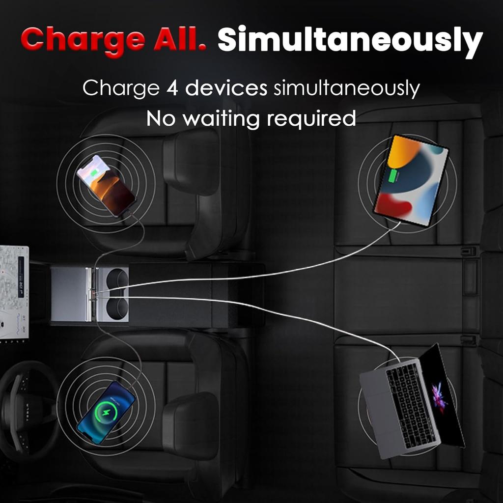 Polwlamks 65W Fast Charging USB Hub for Tesla 2025-2026 Model Y Juniper 2024-2025 Model 3 Highland, 4-in-1 Multi Ports & Retractable Cable, Model Y L