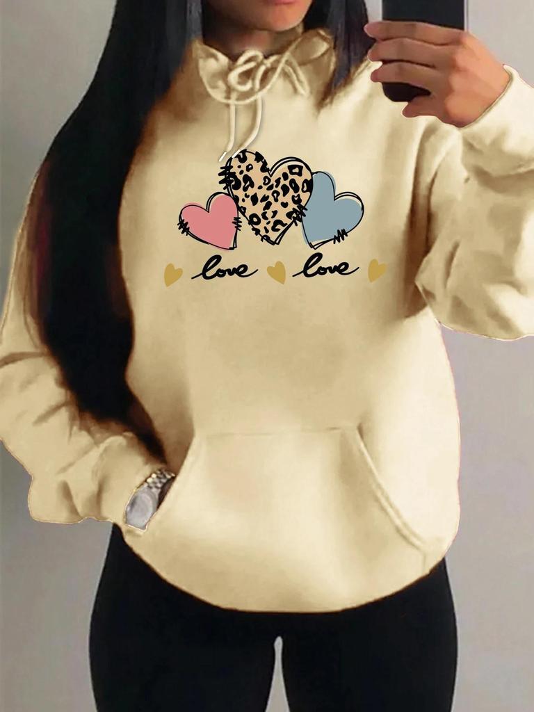 Women's Autumn Pink Leopard Heart Print Loose Hoodie with Pockets