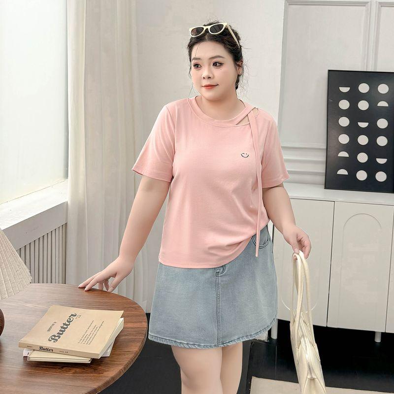 

Plus size women clothing [Treasure Smiley Face T] Summer Lace-up round Neck Embroidery Short sleeve T-shirt Comfortable Short Versatile Top Ballet Powder 3XL
