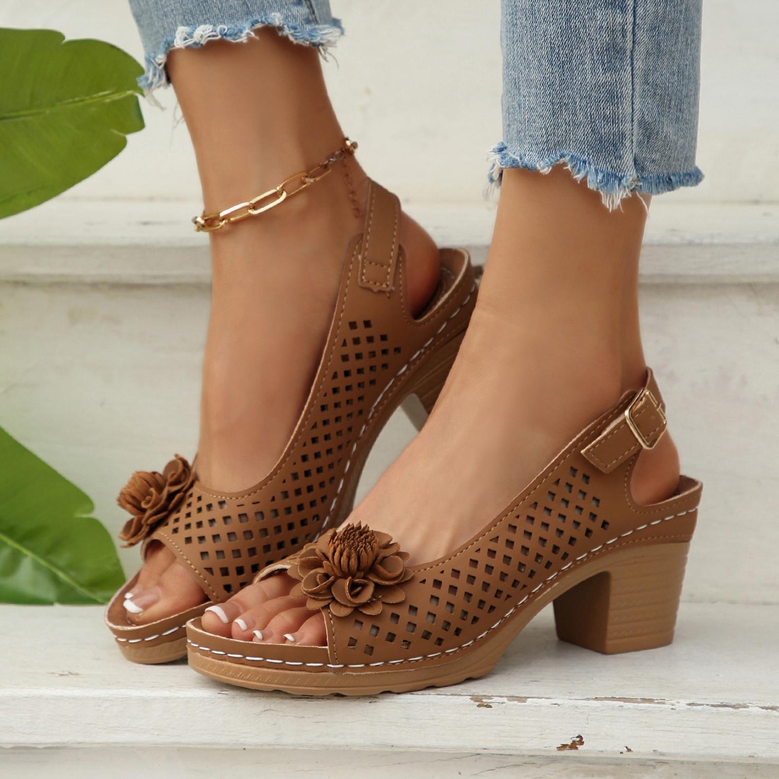 Women s Plus Size Floral High Heel Sandals Summer Buckle Strap Slides 40