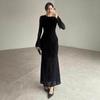 Women European Style Lace Round Neck Backless Slim Fit Formal Party Long Dress
