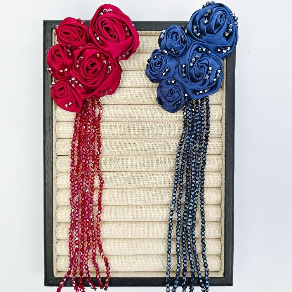 Crystal Beads DIY Decor Accessories Tassel Details 3D Fabric Flowers For Dress
