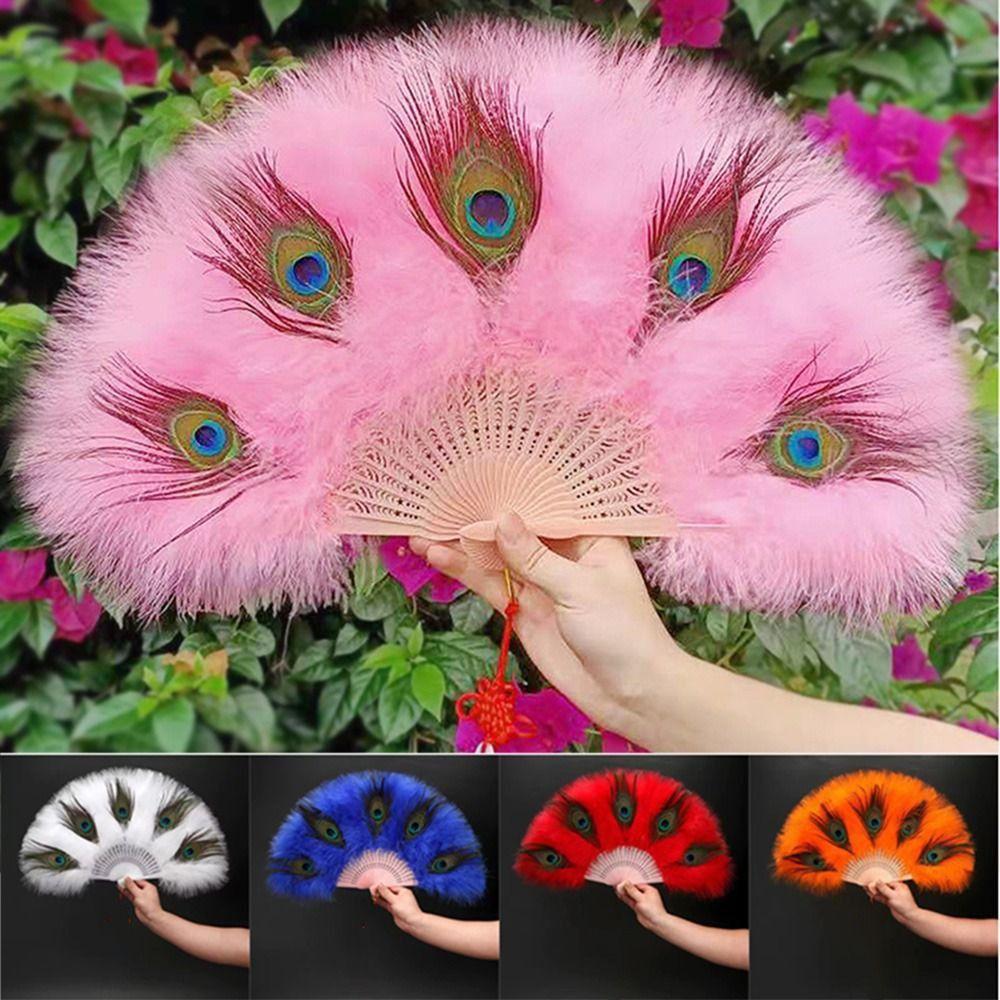 Handheld Peacock Feather Fan With Tassel Feather Dance Fan Folding Hand Fan  Home Decoration