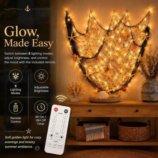 Seasonal Theme Decoration Fishing Net Wall Decoration, Lighted Coastal Art, Light-Up Decorative Photo Display Netting Hanging for Beach House