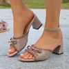 Plus Size Women Suede Bow Open Toe Chunky High Heel One Strap Slide Slippers