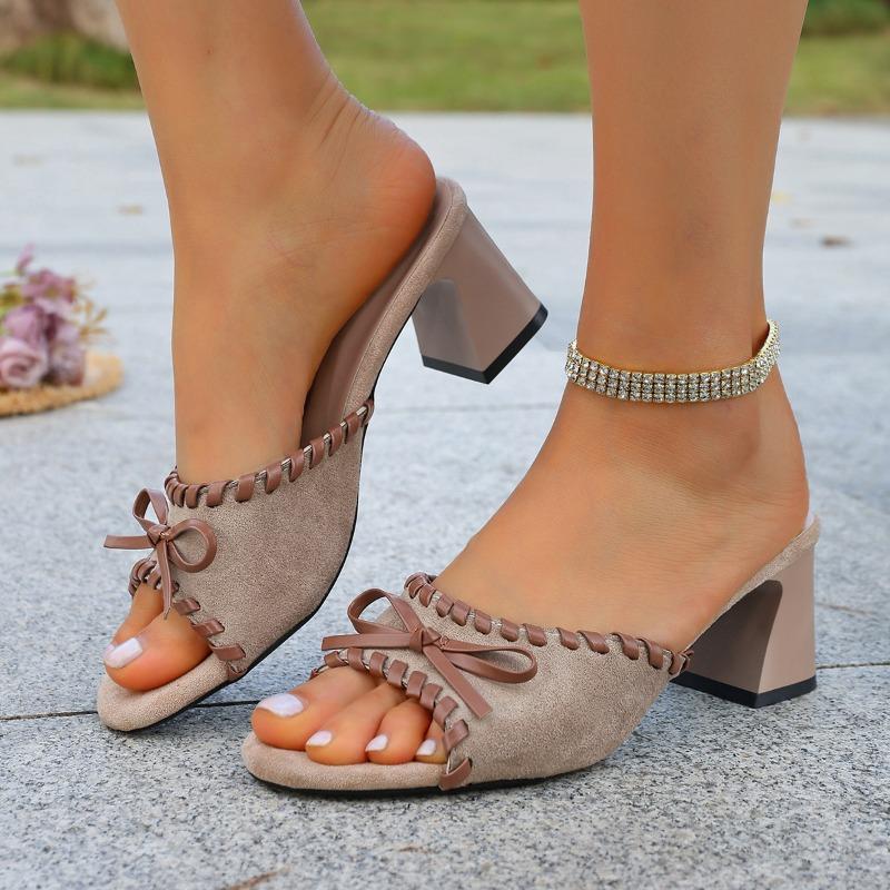 Plus Size Women Suede Bow Open Toe Chunky High Heel One Strap Slide Slippers