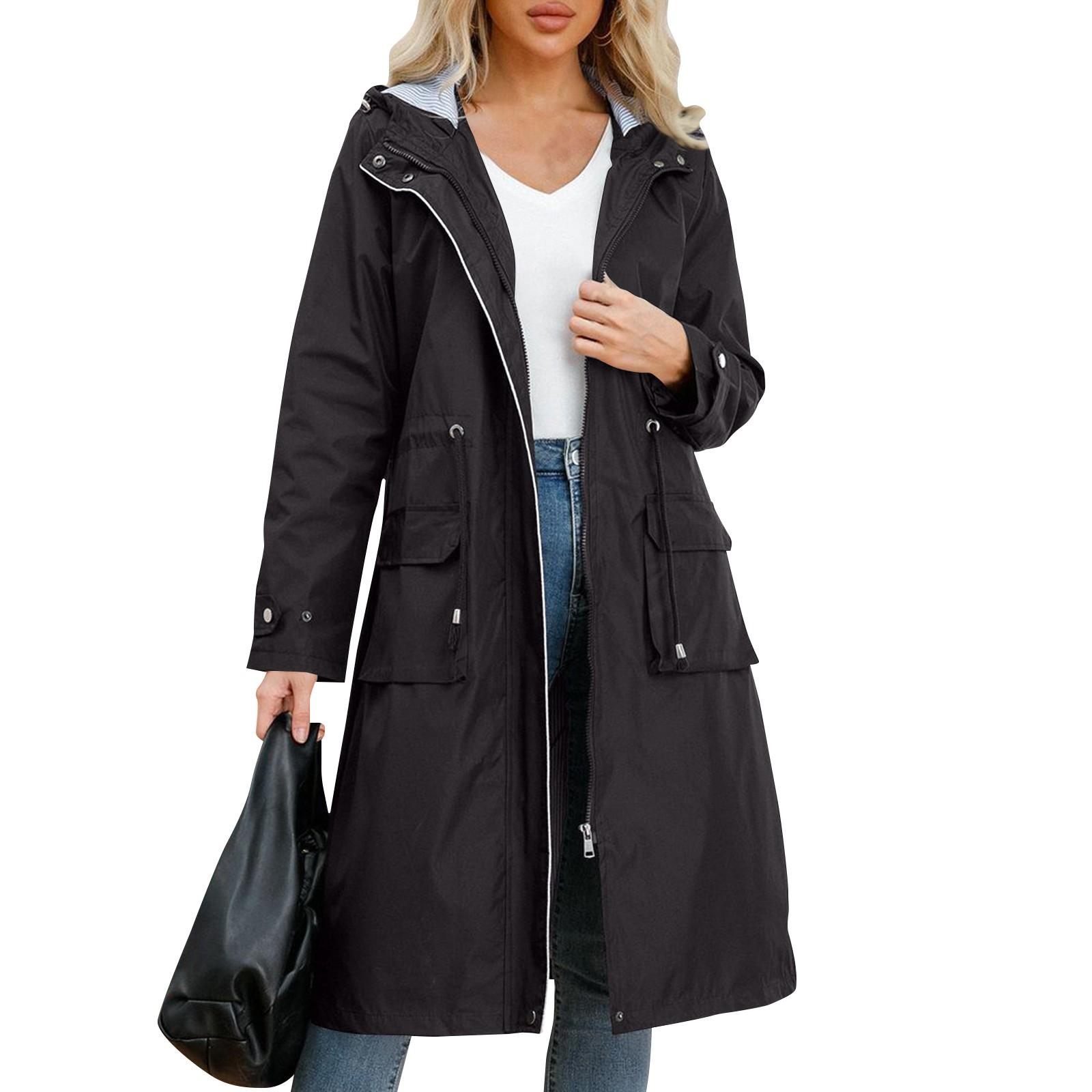 Einfarbiger Trenchcoat mit Kapuze und langen Ärmeln für Damen mit gestreifter und gerader Schlauchjacke XXXL schwarz