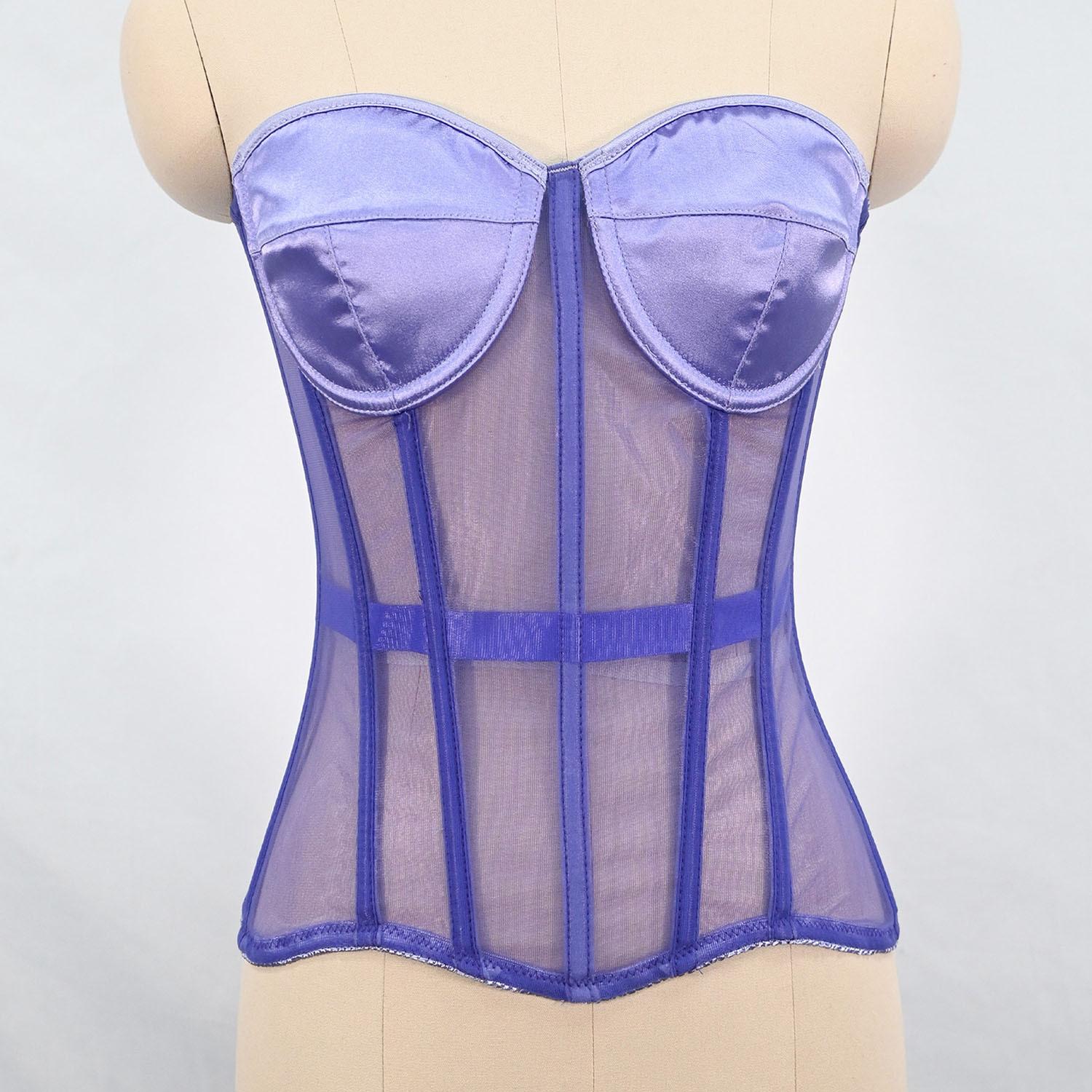 

Женский сетчатый корсет бюстье овербаст утягивающий без бретелек боди для похудения талии свадебный шнуровка на косточках XXS фиолетовый