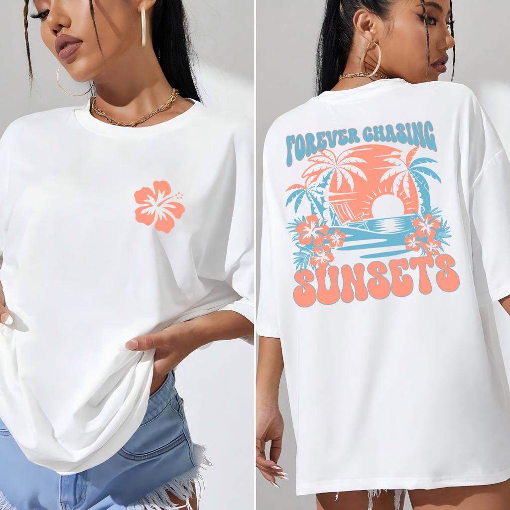 Forever Chasing Sunsets Beach Coconut Tree Print T-Shirt Women Summer All-Match T Shirt Y2K Soft Clothes Loose Tops