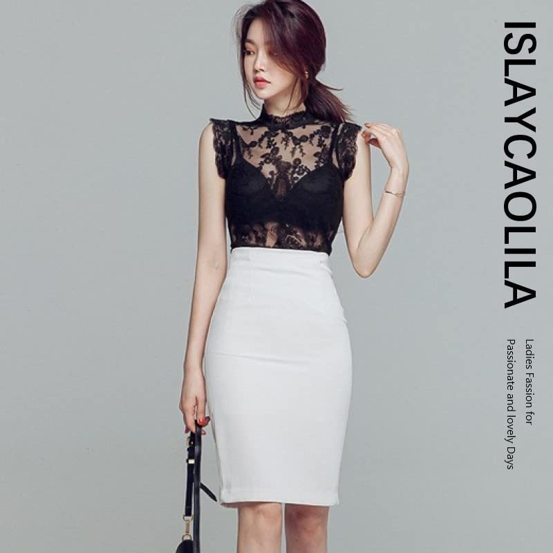 ISLAYCAOLILA Chinzi D82 perfect for or party This midi dress features a lace crew sleeveless and a cinched Women's Dress, (XL, Black), cabaret, mini,