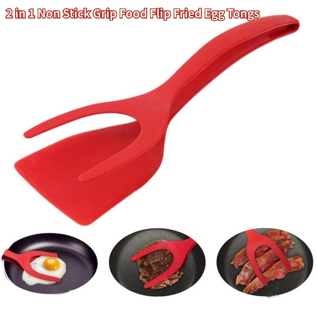 2 In 1 Non Stick Grip Food Flip Fried Egg Tongs Toasted Bread Pancakes Spatula Clamp Kitchen Cooking Turner Flipper Accessories