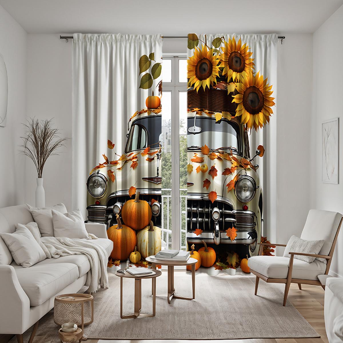 

2pcs HD Thanksgiving Sunflower Float bus pumpkin decorative curtain Yellow tie digital printed curtain Home decoration style W52H63inchW132H160cm