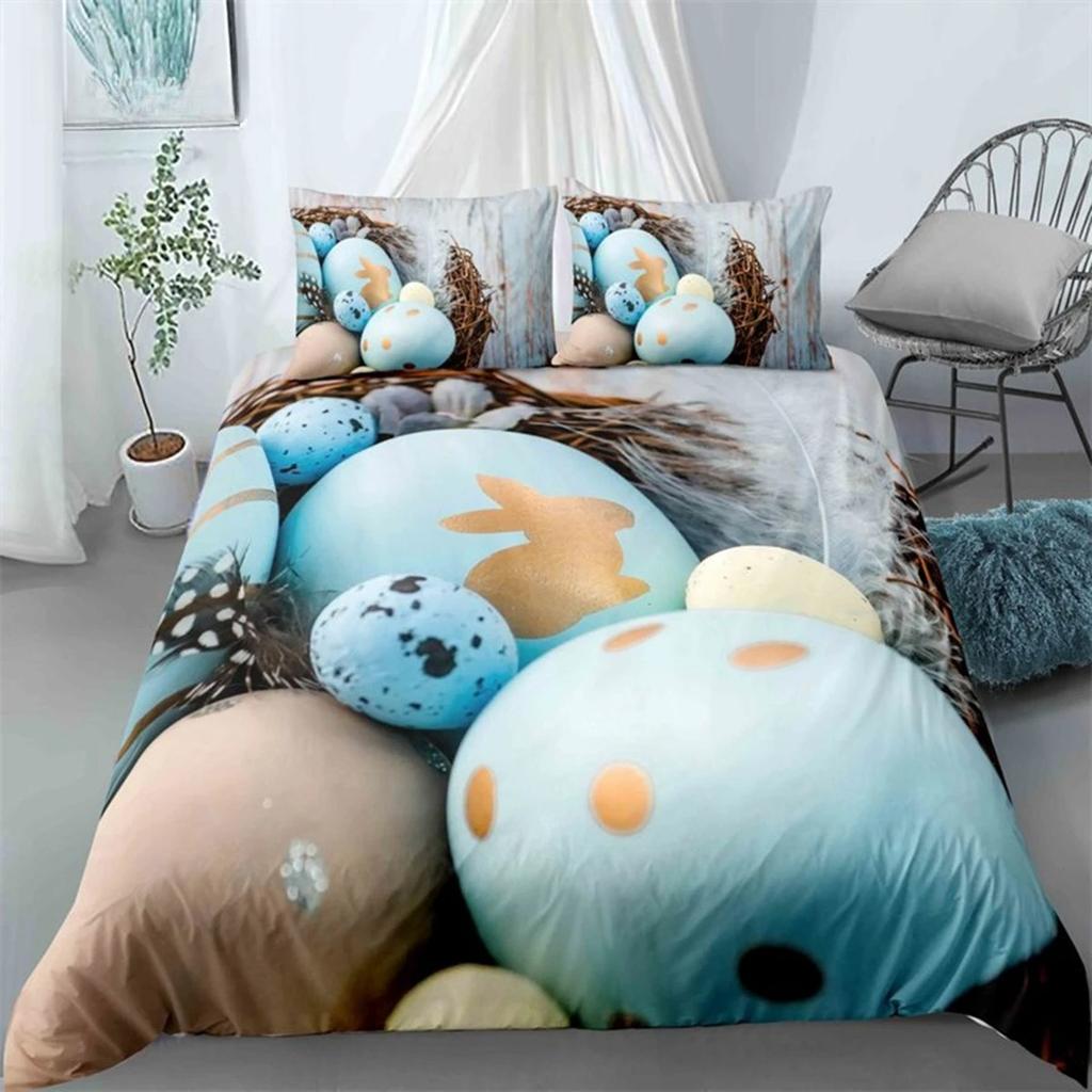 Soft Easter Eggs Print Duvet Cover Happy Easter Cartoon Rabbit Toddler Bedding Sets Twin King Queen Size Microfiber Quilt Cover