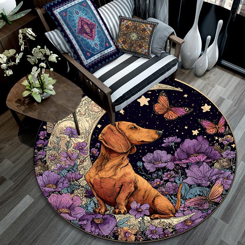 Dachshund Butterflies Round Area Rug,Carpet Rug for Living Room Bedroom Sofa Playroom Decor,Non-slip Floor Mat