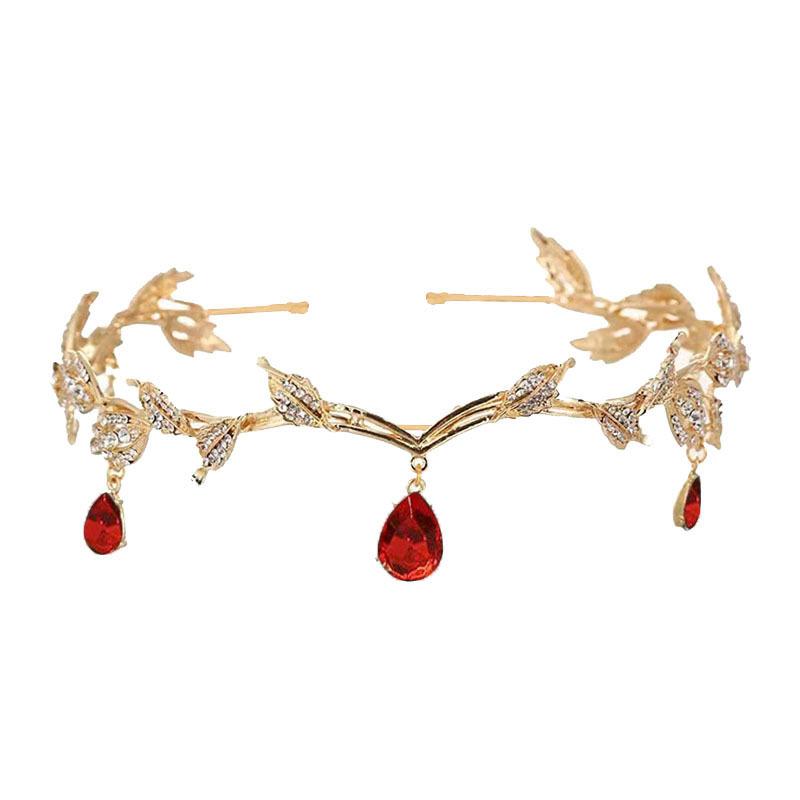Korean Style Bridal Crown Leaf Water Drop Alloy Eyebrow Pendant Crown Baroque Princess Headband Retro Rhinestone Hair Accessories