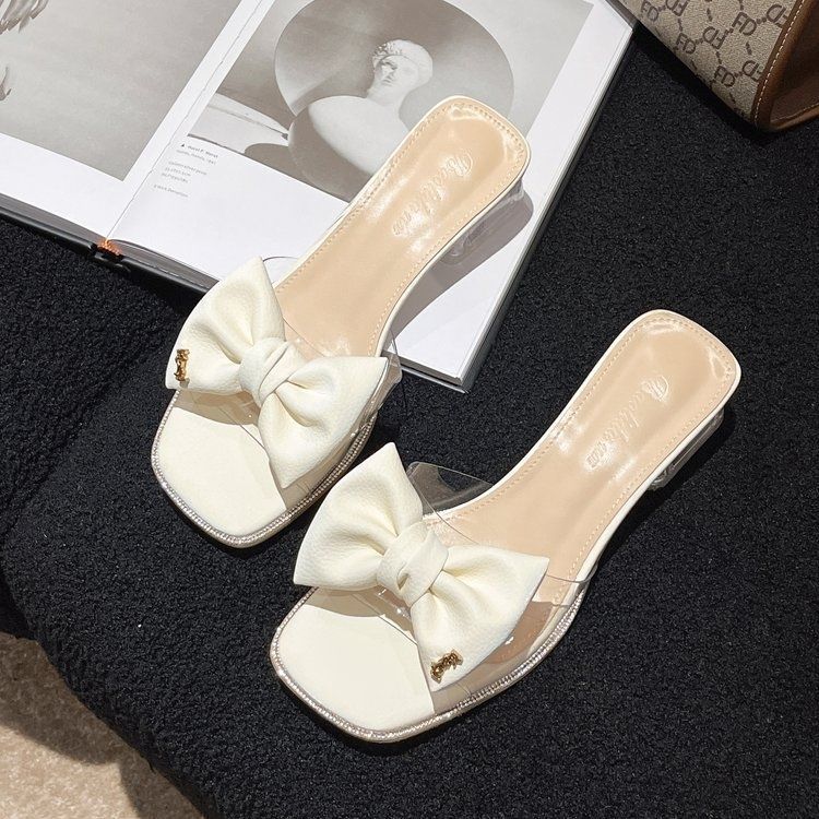 Fashion open-toe wear sexy bow sandals 2025 summer new transparent slippers women's medium heel half slippers