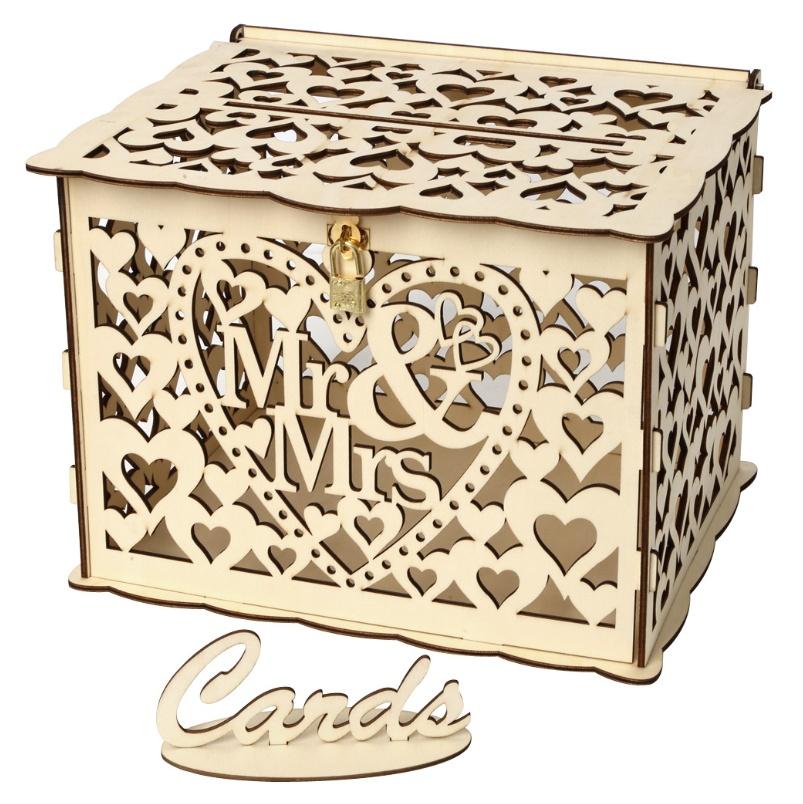 Dutá svatební pokladnička se zámkem pro romantickou svatbu Dřevěná elegantní svatební krabička na přání