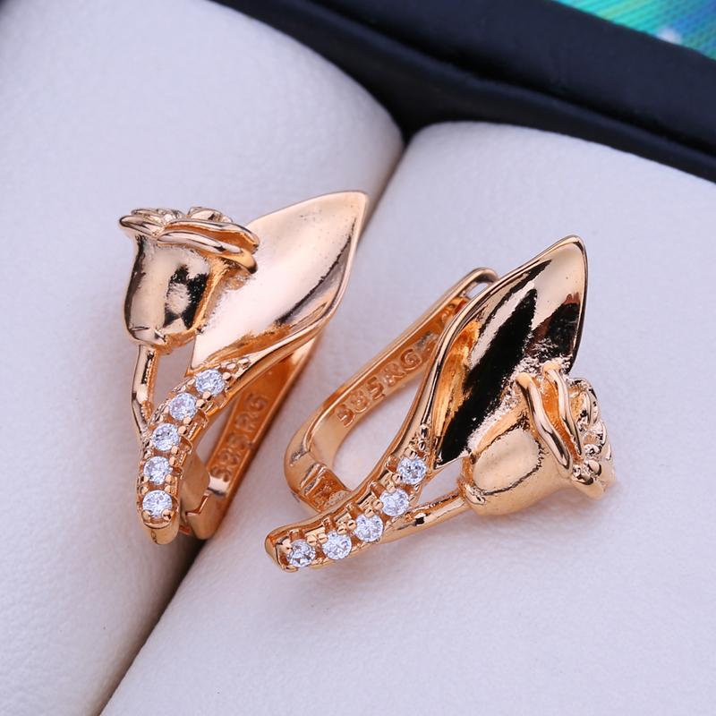 LSOOYH Clip Earrings Rose Gold Color Fashion Rose Flower Earring For Women Cubic Zirconia Hoop Earrings Jewelry