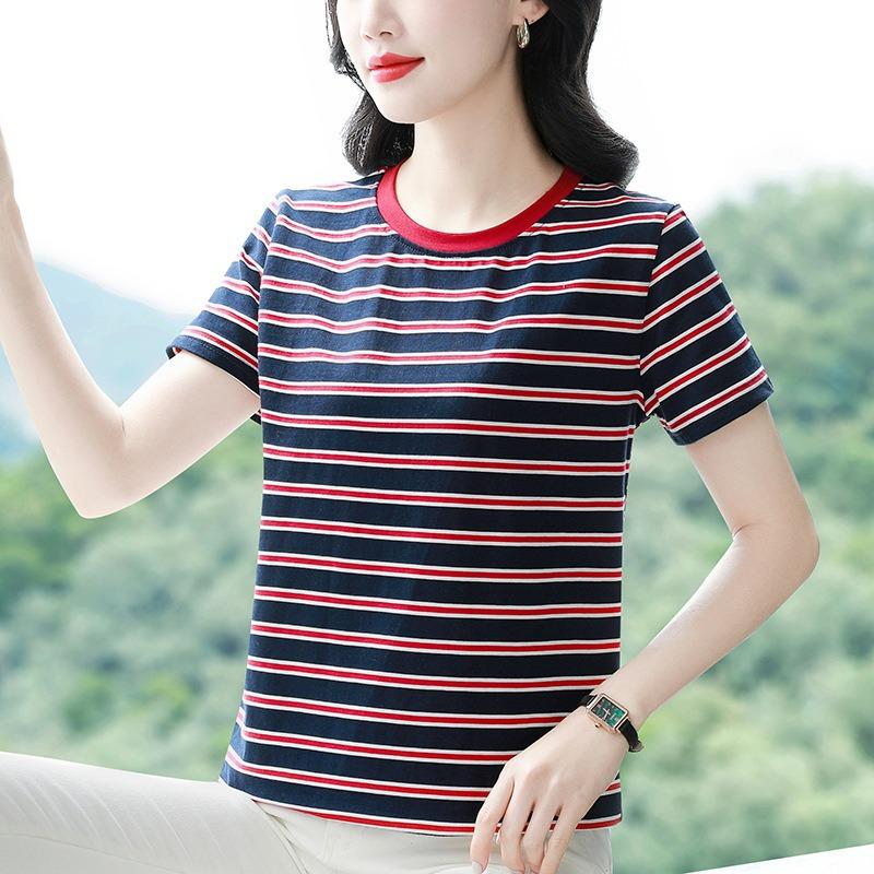 Striped Short-sleeved T-shirt Women's Round Neck Half-sleeved Shirt Summer Plus Size Loose Top