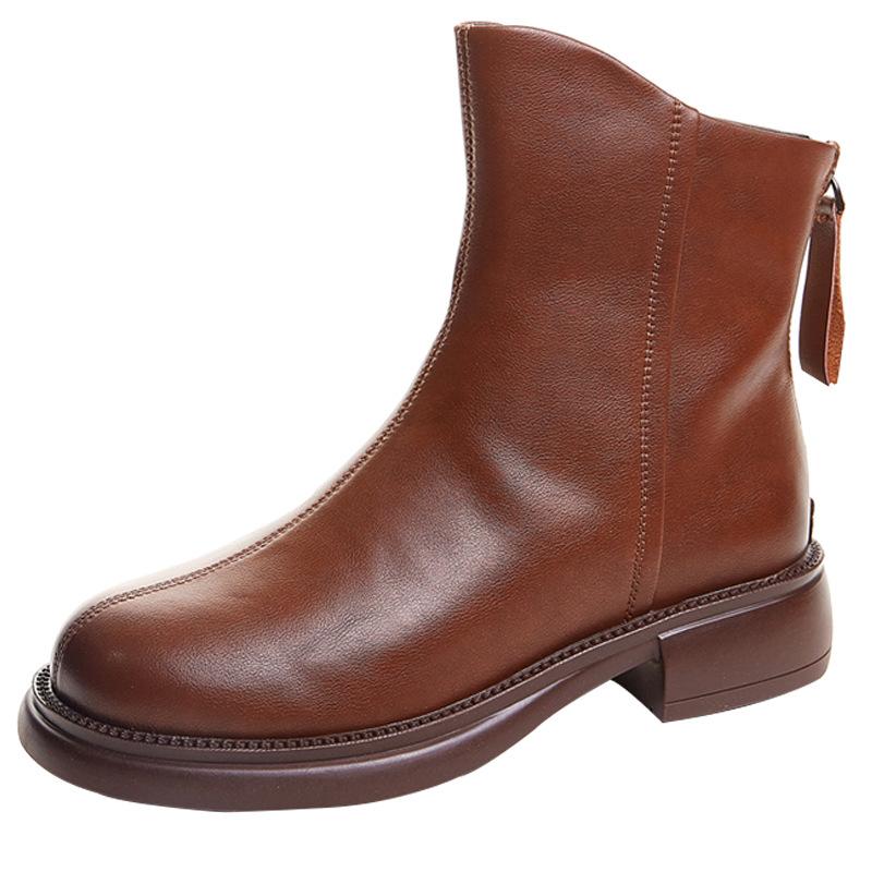 Short boots women's low tube round head British style small man thin women's boots autumn and winter new leather flat boots