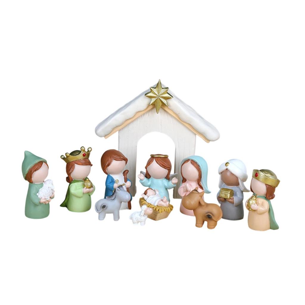 12Pcs Cartoon Holy Family Nativity Scene Set Holiday Decor Resin Craft