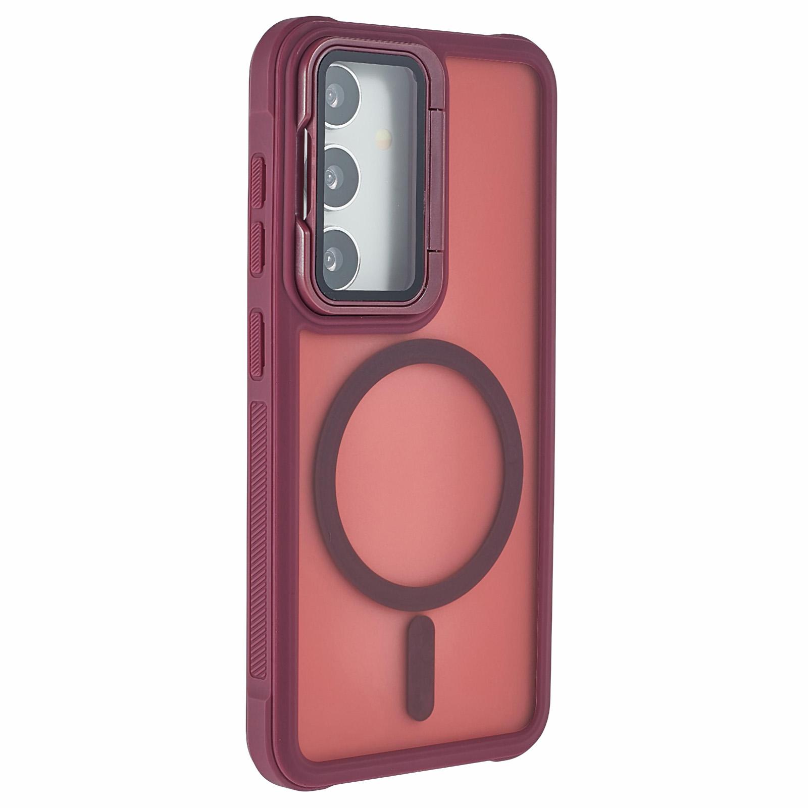 

For Samsung Galaxy S25+/S24+ Case Compatible with MagSafe Lens Cover Kickstand Matte Back Cover Wine Red