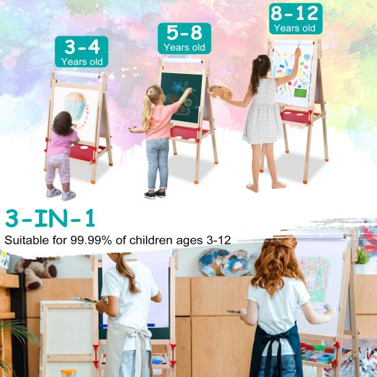 Kids Easel, Toddlers Art Easel, Wooden Kid Easel with Paper Roll, Height Adjustable Magnetic Double Sided Easel, Kids Dry Erase Board