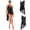 Women Latin Tango Tassel Dance Dress Asymmetrical Shoulder Glitter Rhinestones Irregular Hem Openable Crotch Leotard Dancewear for Stage Competition