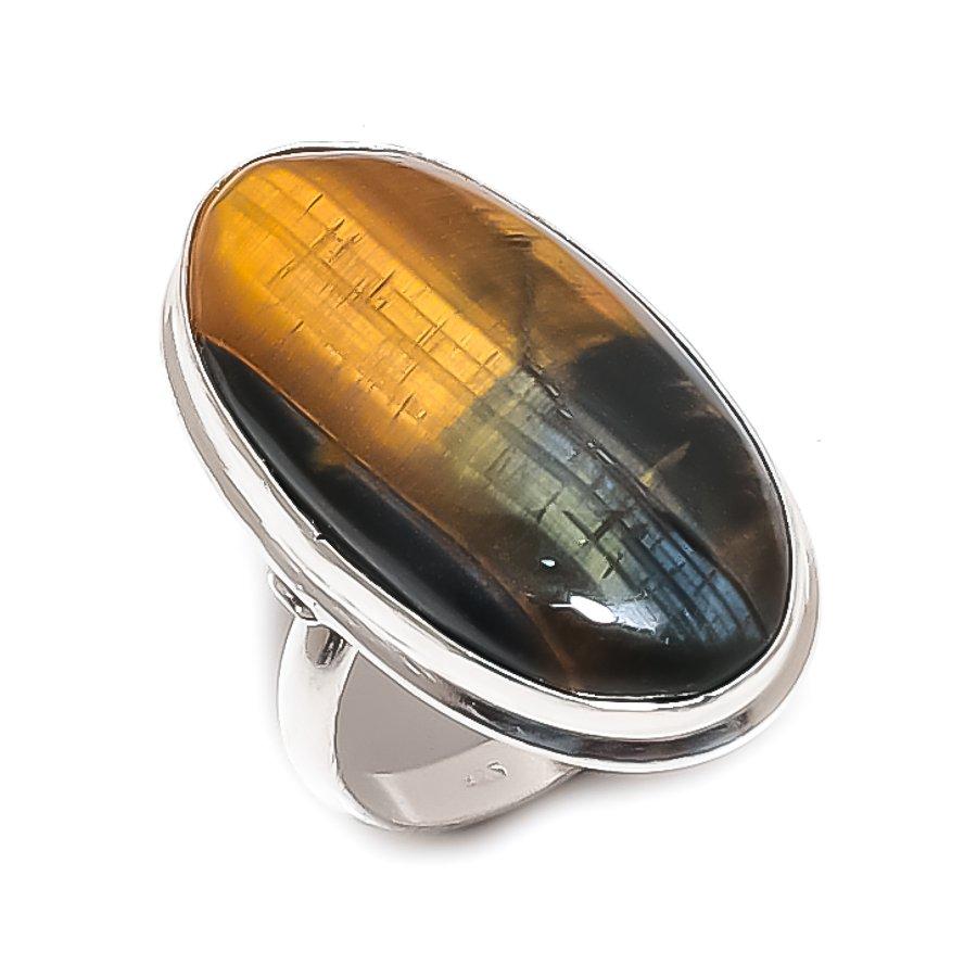 Natural Tiger Eye Gemstone 925 Sterling Silver Jewelry Ring Size 8.5 t2T90