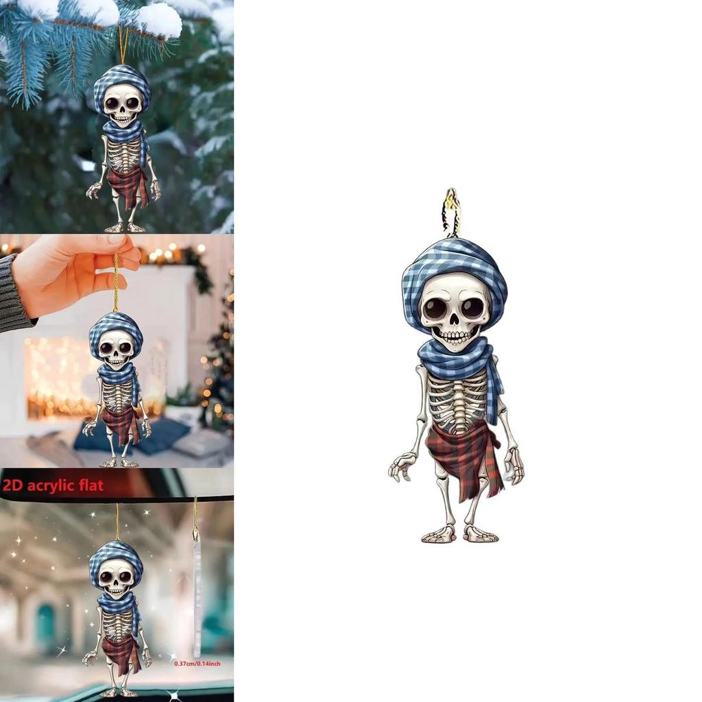 Acrylic Skull Car Pendant With Checkered Scarf Design For Halloween Decor