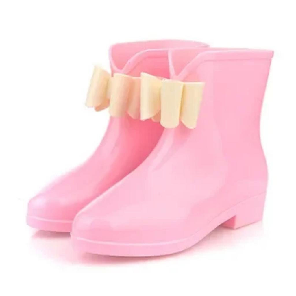 Women's Rain Shoes Short-tube Spring and Autumn Rain Boots Knot-bow Low-top Boots White-collar Waterproof Shoes Rubber Overshoes