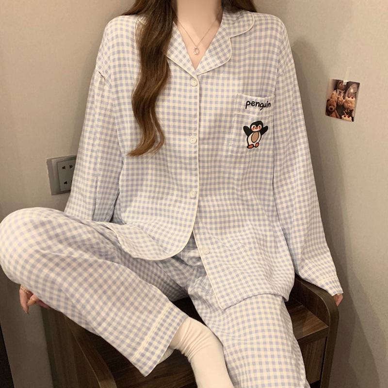 Cloud Cotton Korean Style Striped Plaid Pajama Set: Long Sleeve Cardigan & Pants for Indoor/Outdoor Wear, Real Shot.