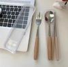 Wooden tableware three-piece set, spoon, premium wooden handle chopsticks, fork, stainless steel portable tableware, chopstick set.