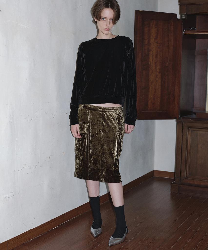 Obeodyupeulleeo Velvet Cargo Midi Skirt_Olive Khaki