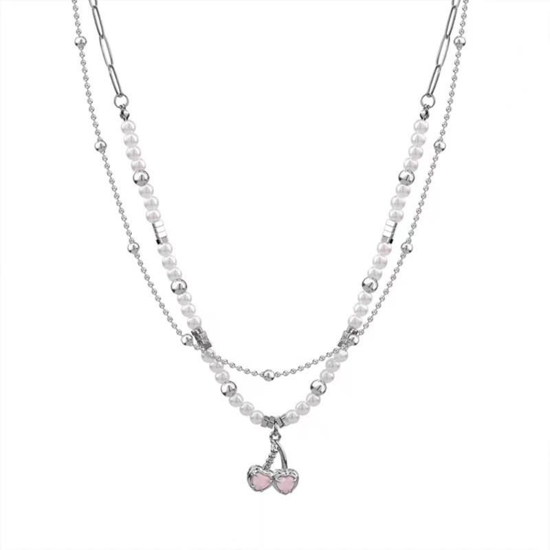Sweet Strawberry Pearl & Cherry Double Layer Necklace - Stylish Summer Design for Women
