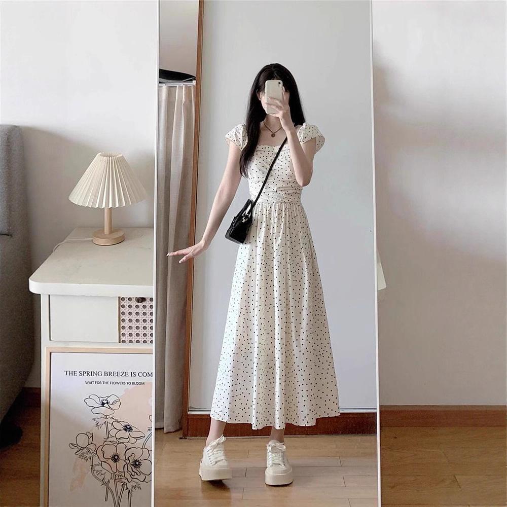French Seaside Vacation Style Small Flying Sleeves Polka Dot Dress Summer Women's New Thin White Dress