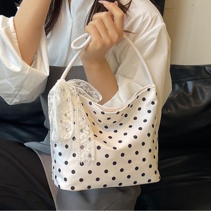 Polka Dot Nylon Shoulder Bag Cute Lace Bow Decor Casual Hobo Bag Lightweight Daily Purse Handbag Vertical Square Underarm Bag